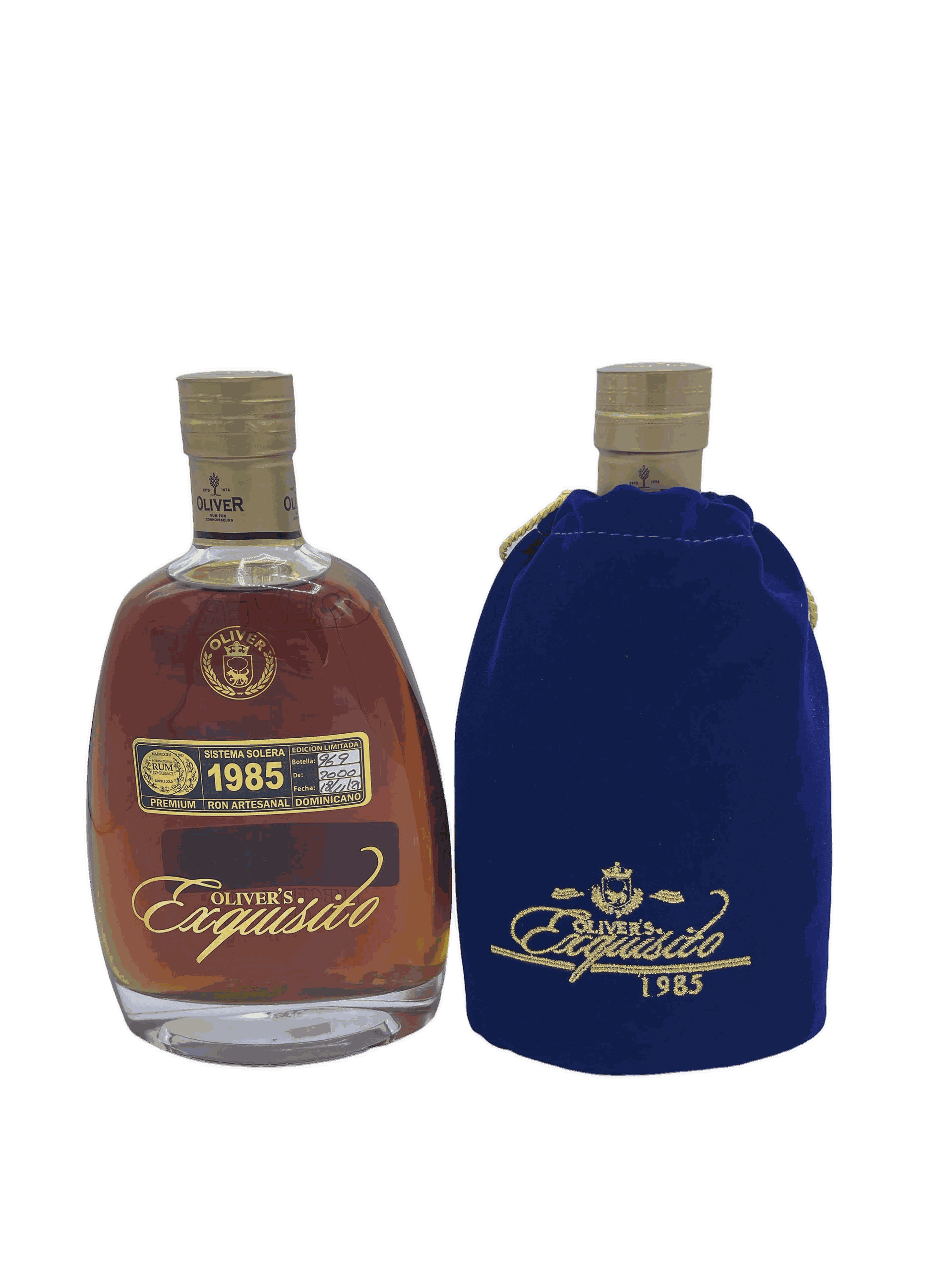 Oliver's Exquisito 1985 — Sistema Solera, Premium Ron Artesanal Dominicano with blue velvet presentation bag